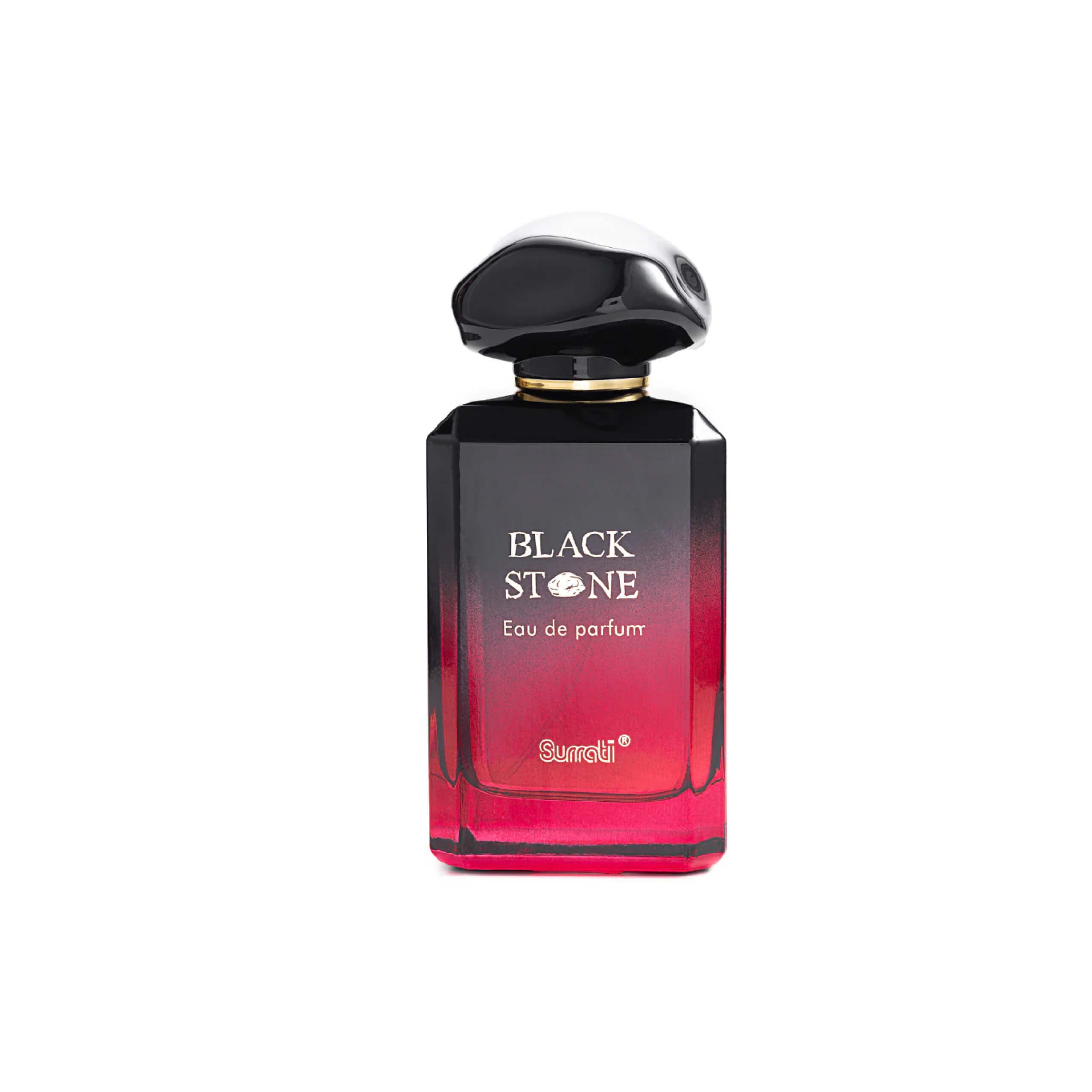 SURRATI – BLACK STONE unisex parfumflacon op witte achtergrond met seringen, amber en bosbessen – een bloemige oosterse geur met warme diepte